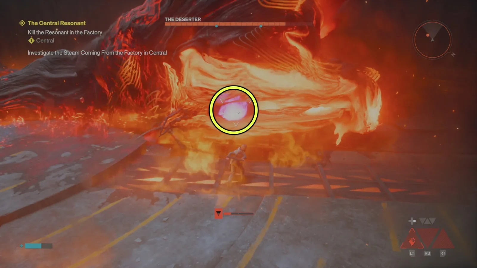 A screenshot from Control Resonant's Central Resonant mission, showing the Deserter Boss' weak spot.