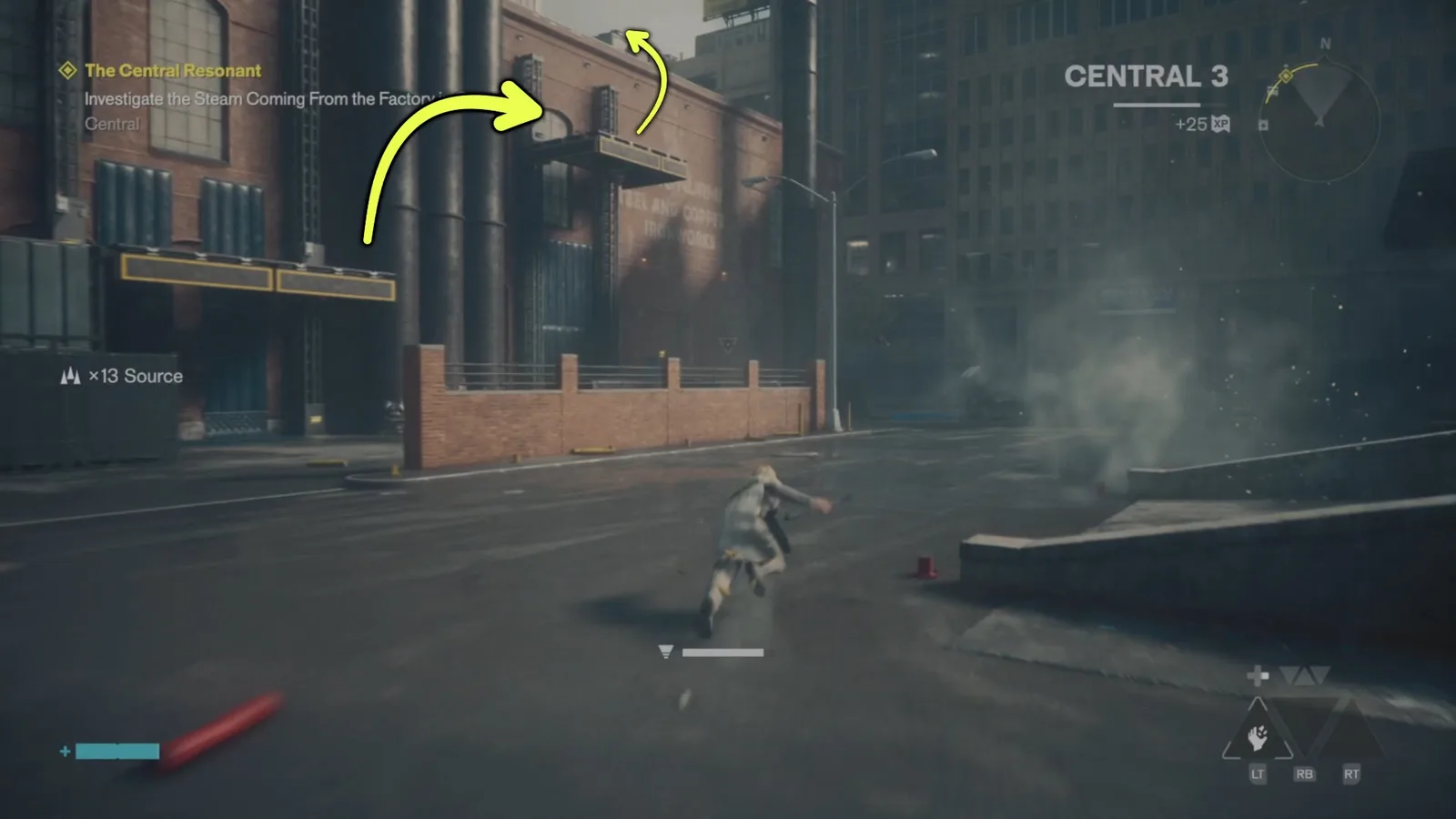 A screenshot from Control Resonant's Central Resonant mission, showing the route up to the factory rooftop.