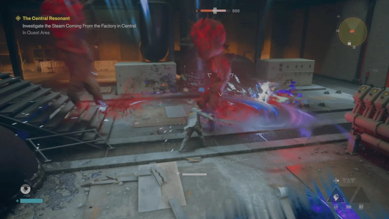A screenshot from Control Resonant's Central Resonant mission, showing the fight at the factory's entrance.