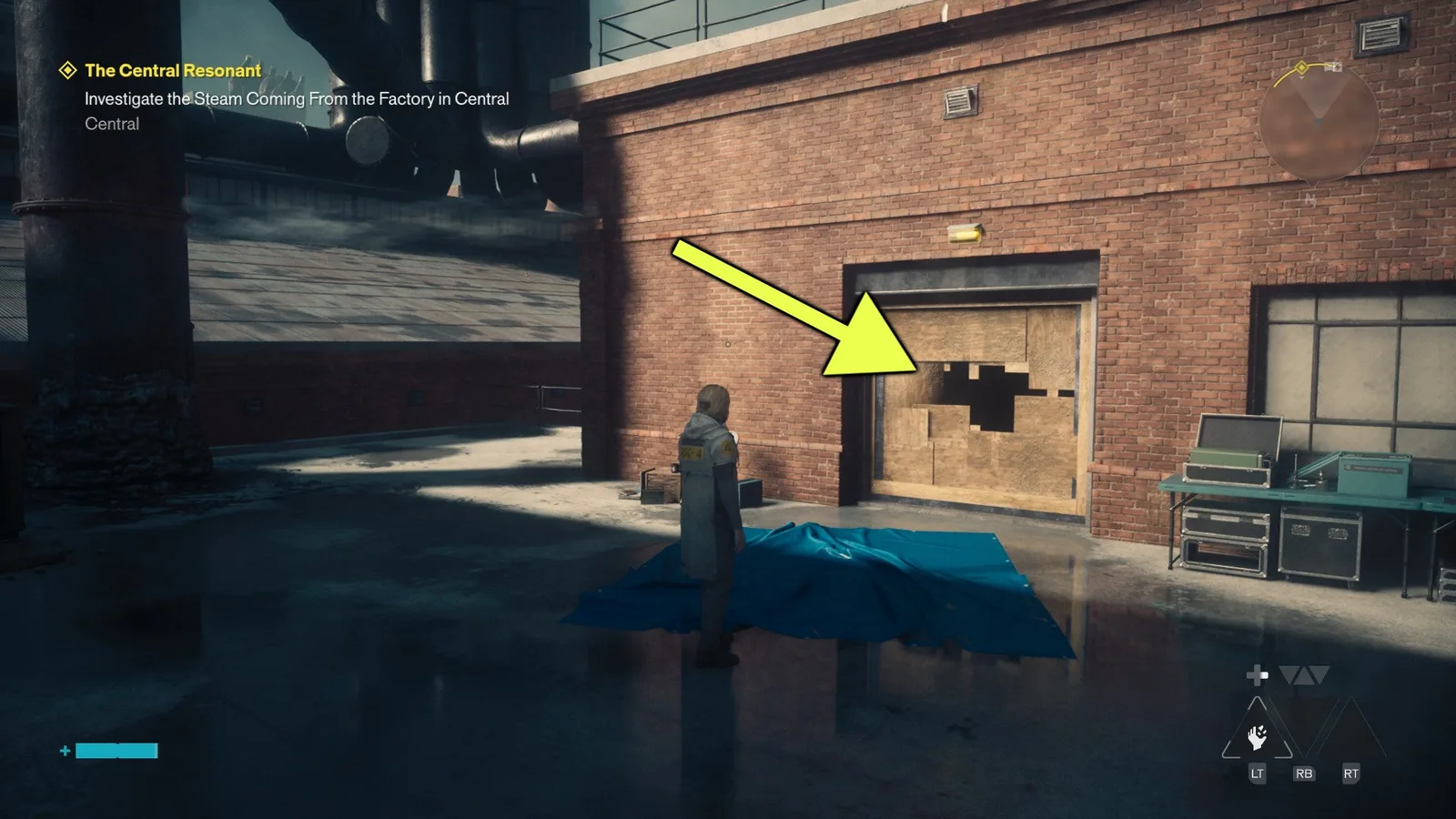 A screenshot from Control Resonant's Central Resonant mission, showing the entrance to the factory on the rooftop.