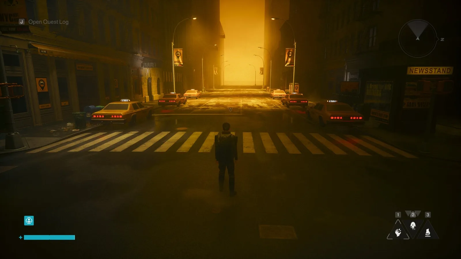 Dylan stands in front of a street of Taxis in Control Resonant