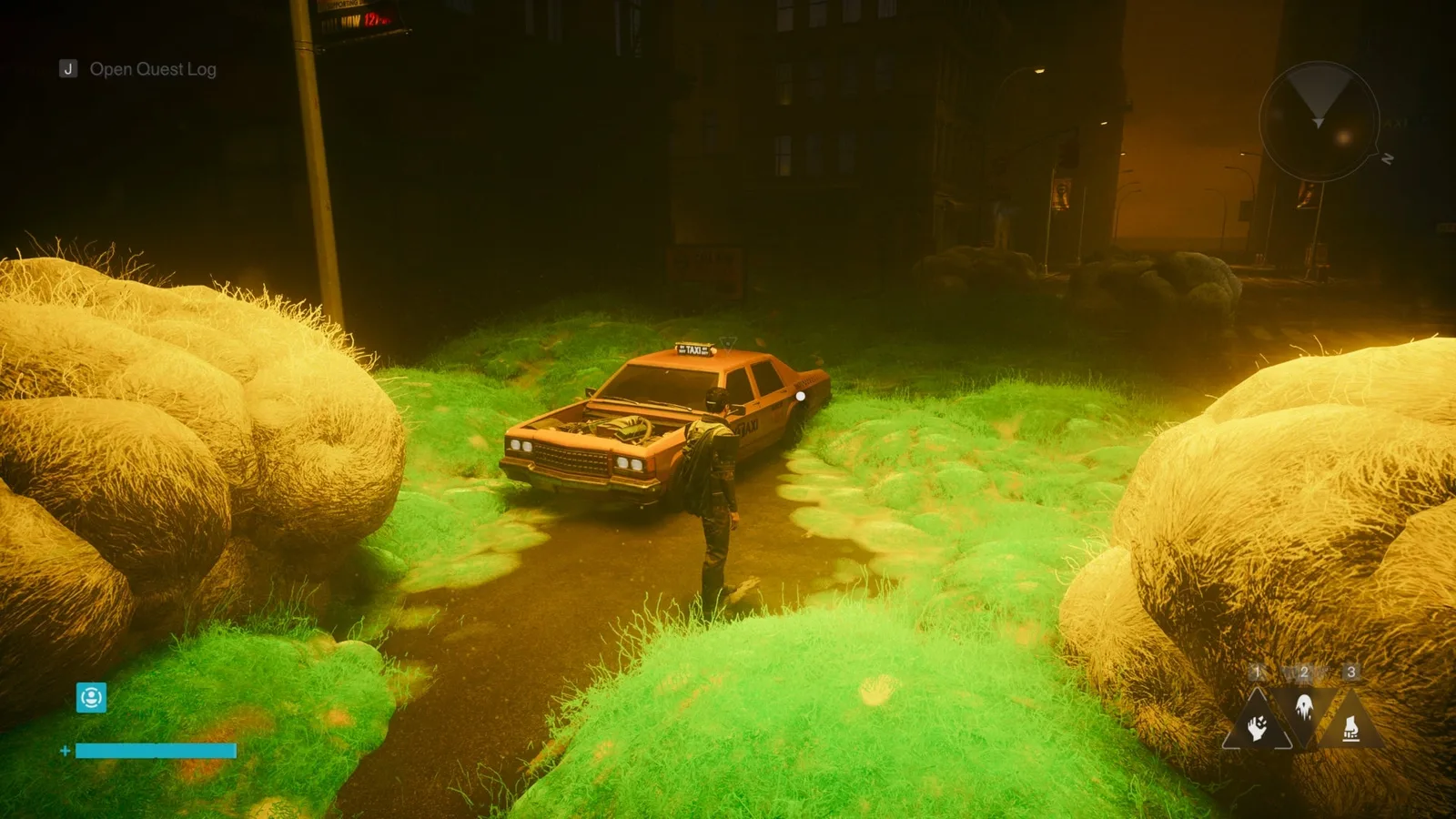 Dylan stands next to a broken Taxi and lots of mold in Control Resonant