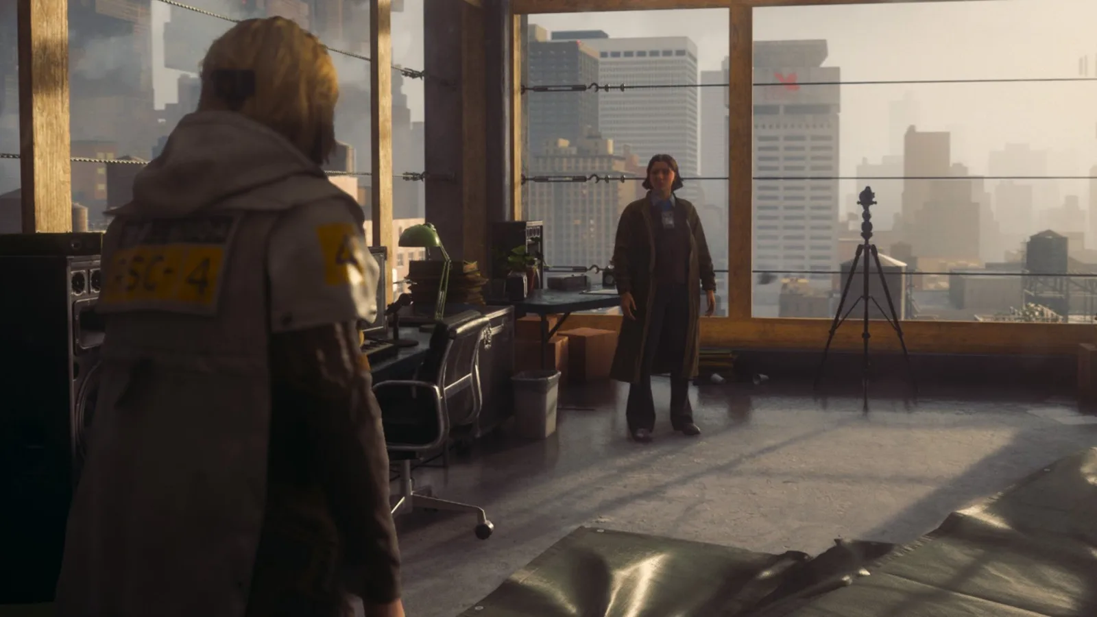 A screenshot of Control Resonant, showing Dylan and Zoe in the Central watch tower.