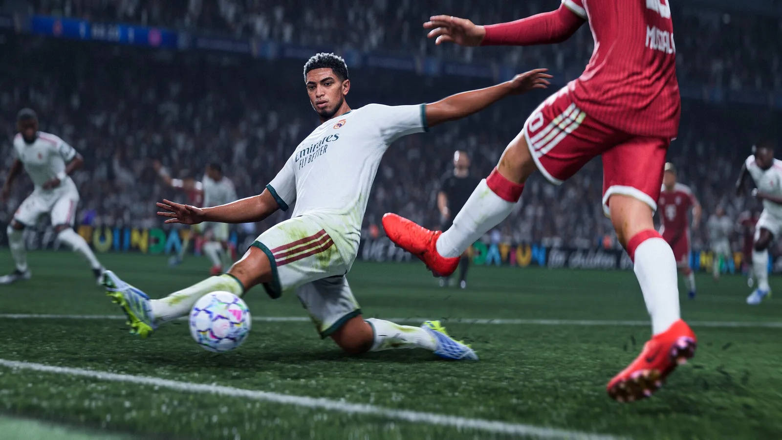 A preview shot for EA Sports FC 27, showing two players scrambling for the ball.