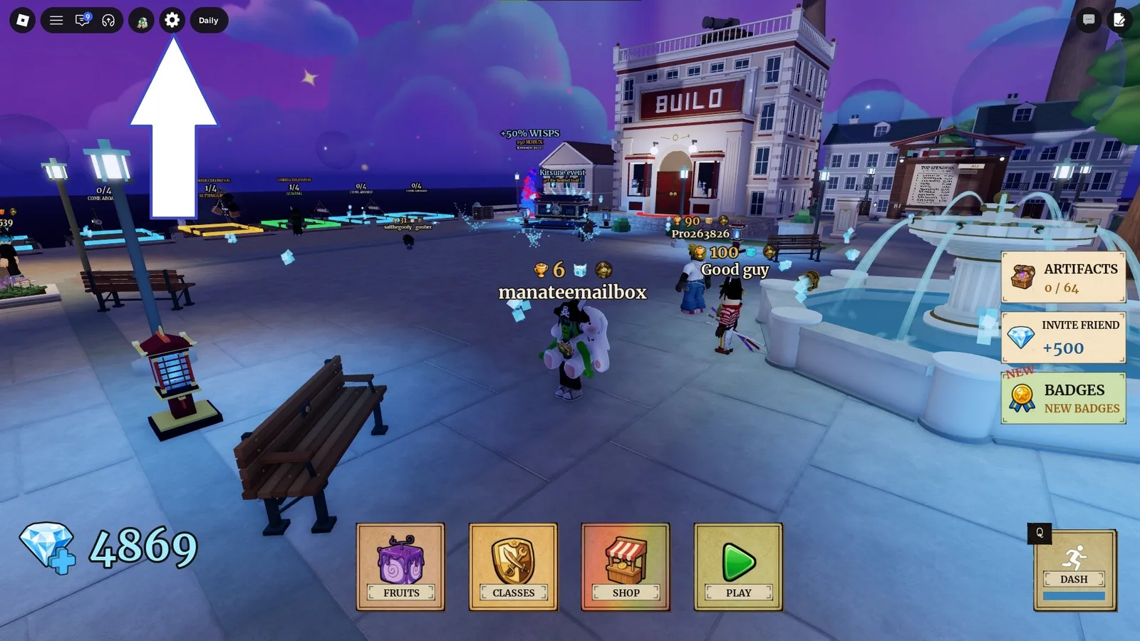 A screenshot of Fruit Zombie Survival in Roblox showing the game's settings button.