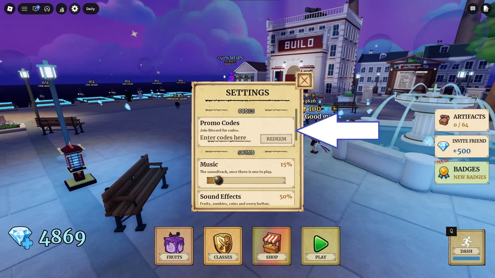 A screenshot of Fruit Zombie Survival in Roblox showing the game's codes field.