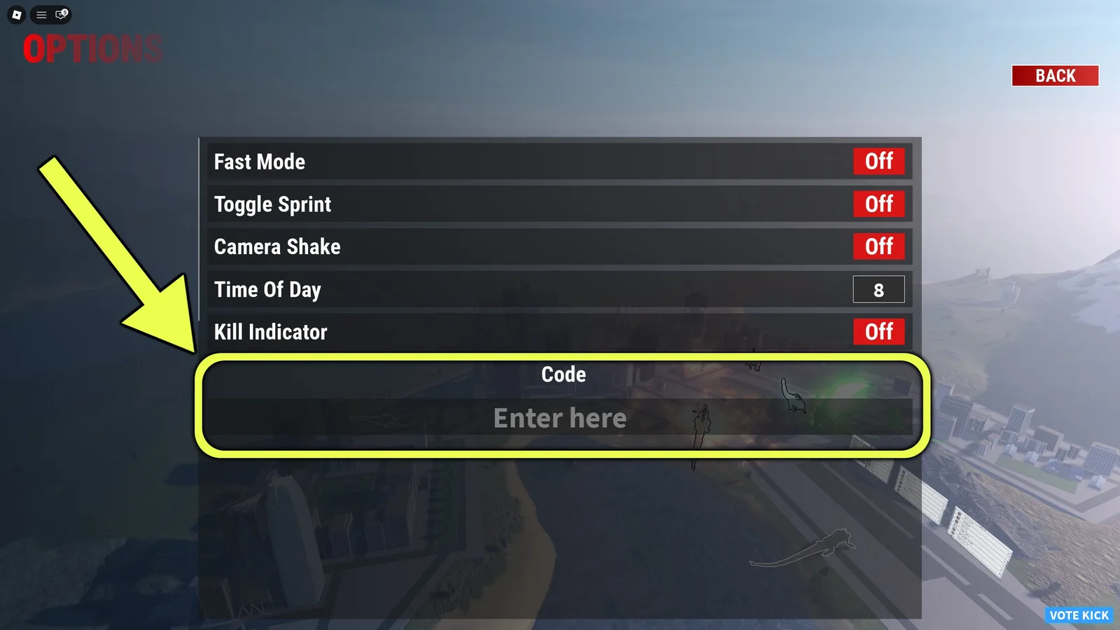 A screenshot Kaiju Alpha's Options menu, with the codes bar highlighted.