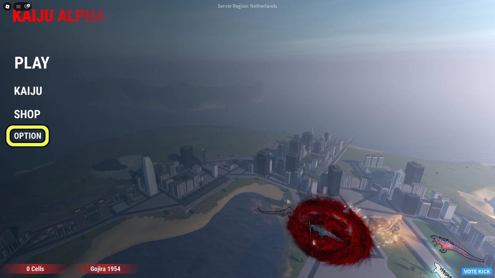 A screenshot of Kaiju Alpha's main menu, with the options menu highlighted.