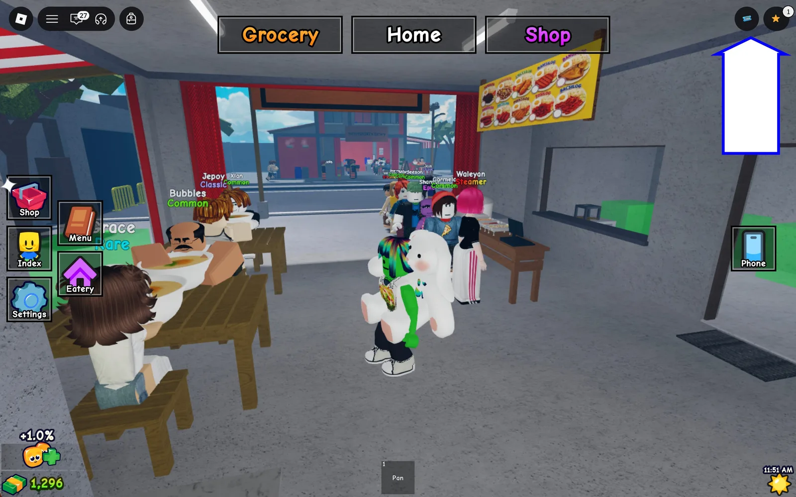A screenshot of Karinderya in Roblox showing the game's codes button.