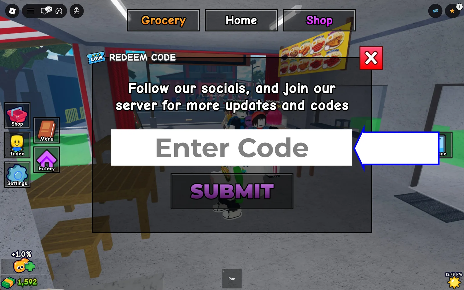 A screenshot of Karinderya in Roblox showing the game's codes field.