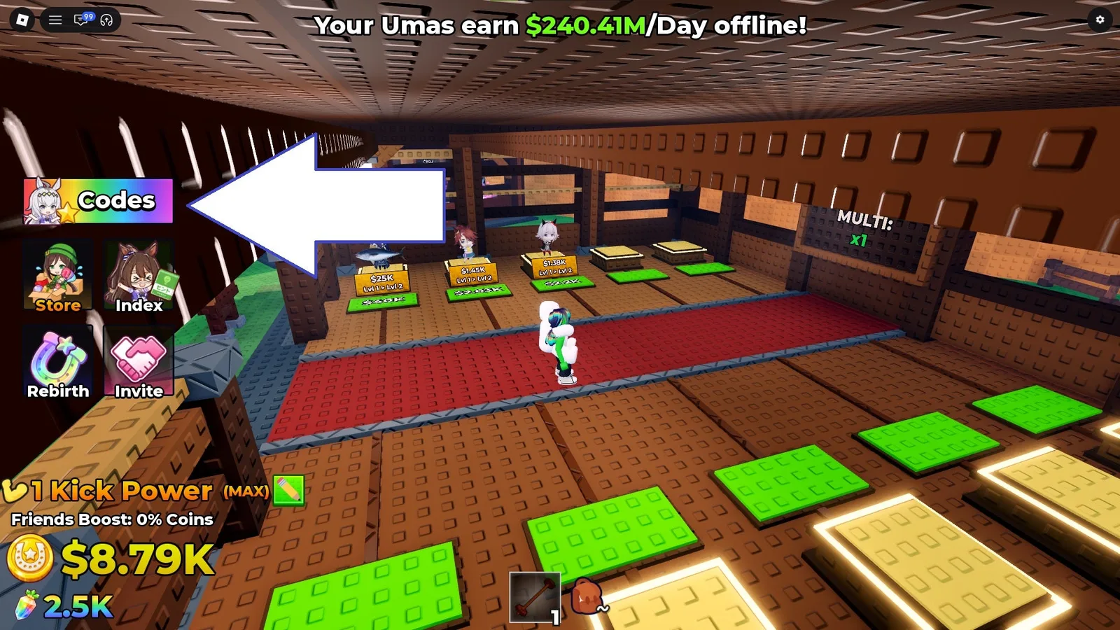A screenshot of Kick an Uma in Roblox showing the game's codes button.