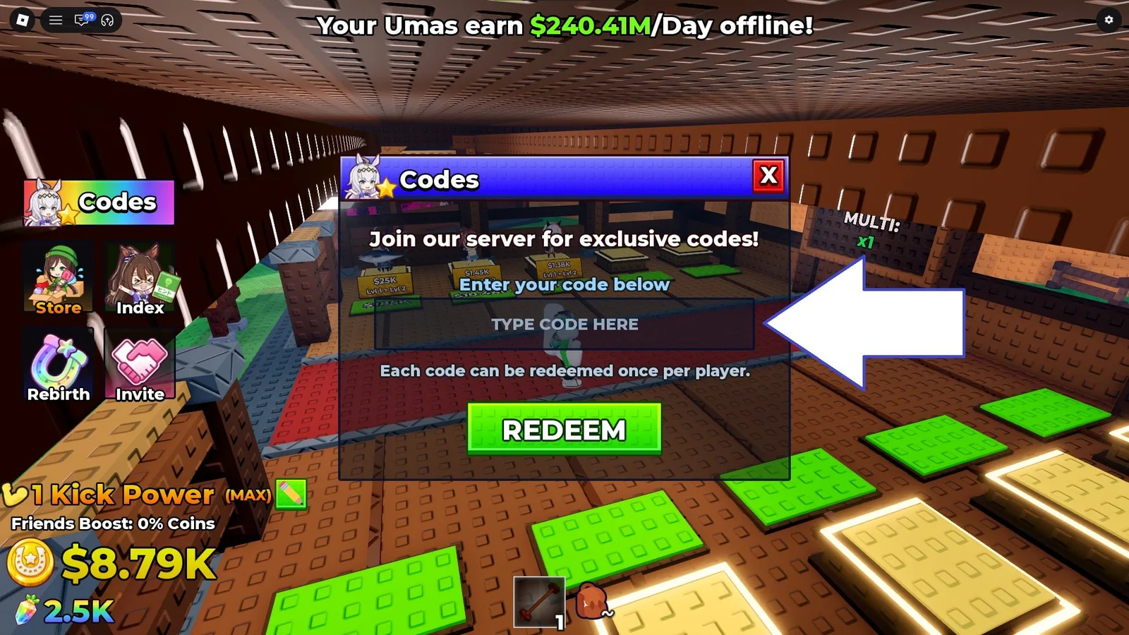 A screenshot of Kick an Uma in Roblox showing the game's codes field.