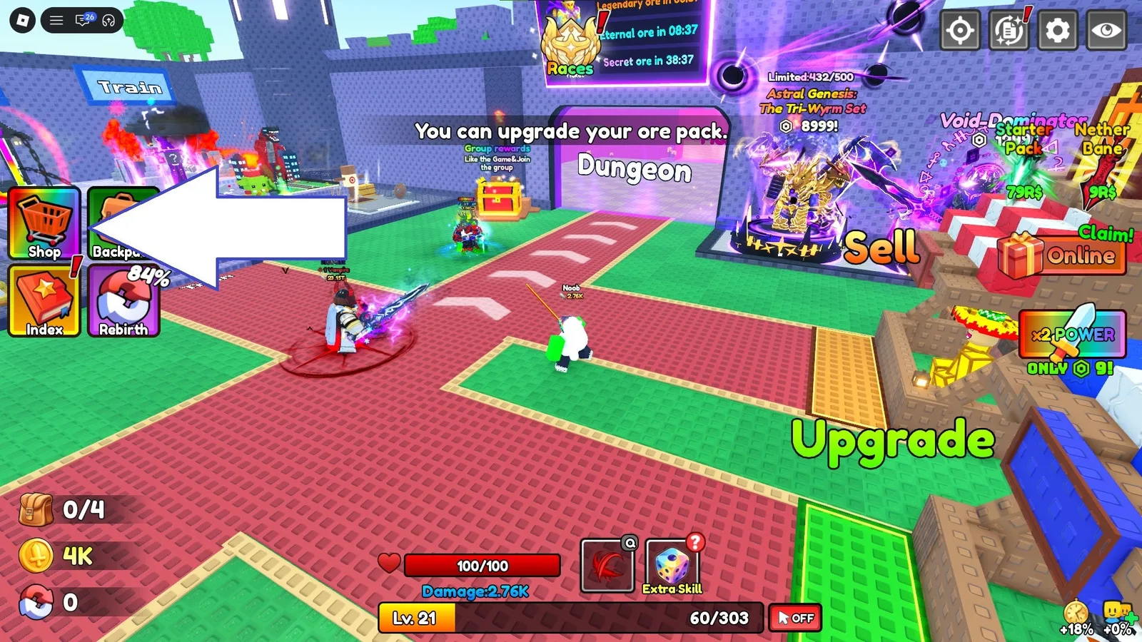 A screenshot of Loot to Forge in Roblox showing the game's shop button.