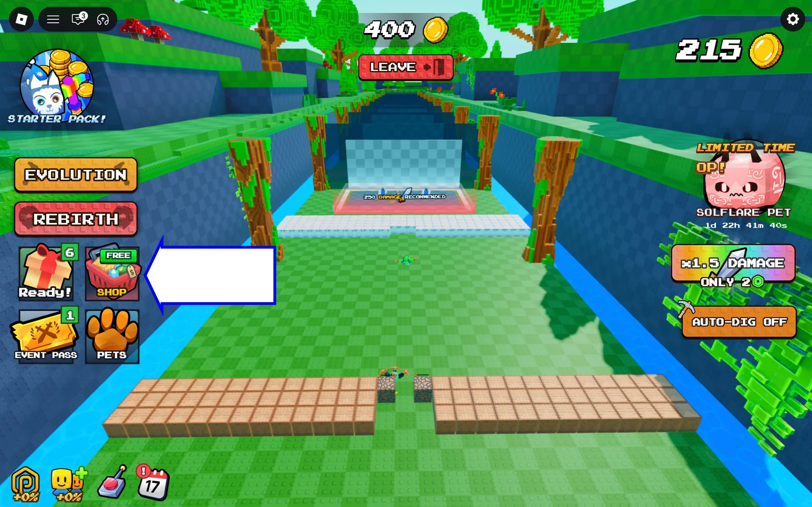 A screenshot of Merge and Dig Simulator in Roblox showing the game's shop button.