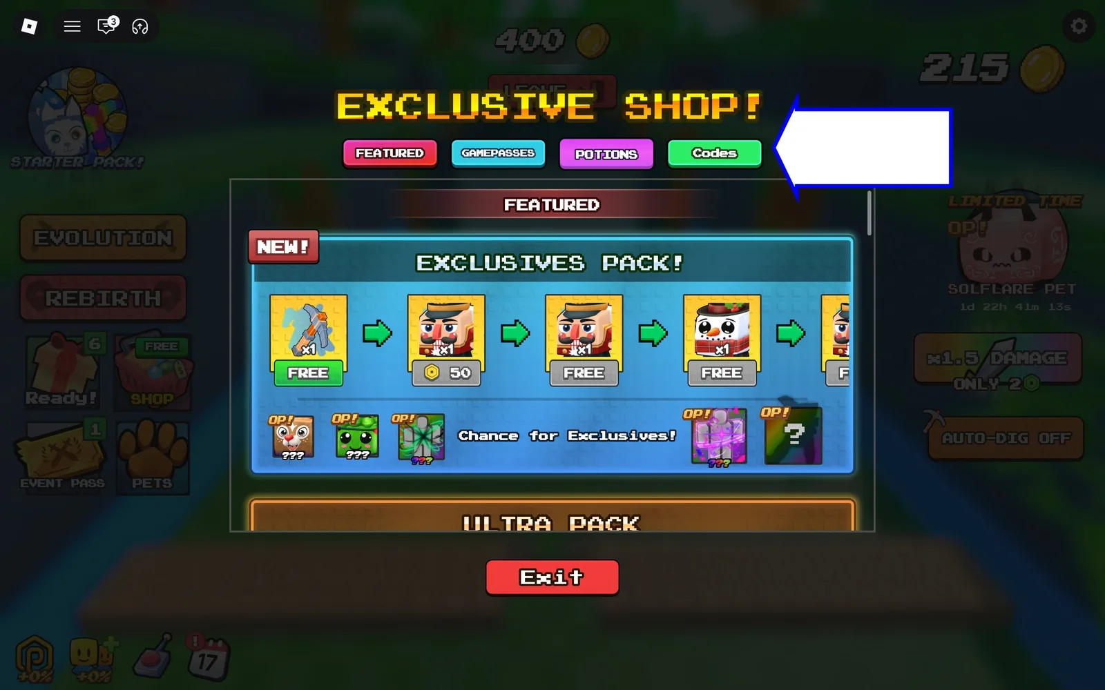 A screenshot of Merge and Dig Simulator in Roblox showing the game's codes button.