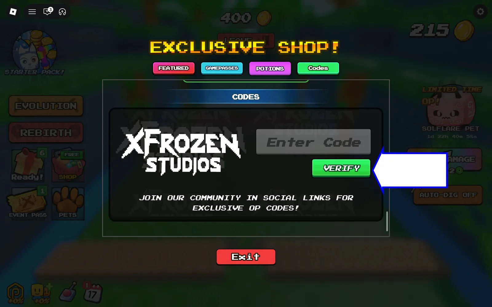 A screenshot of Merge and Dig Simulator in Roblox showing the game's codes field.