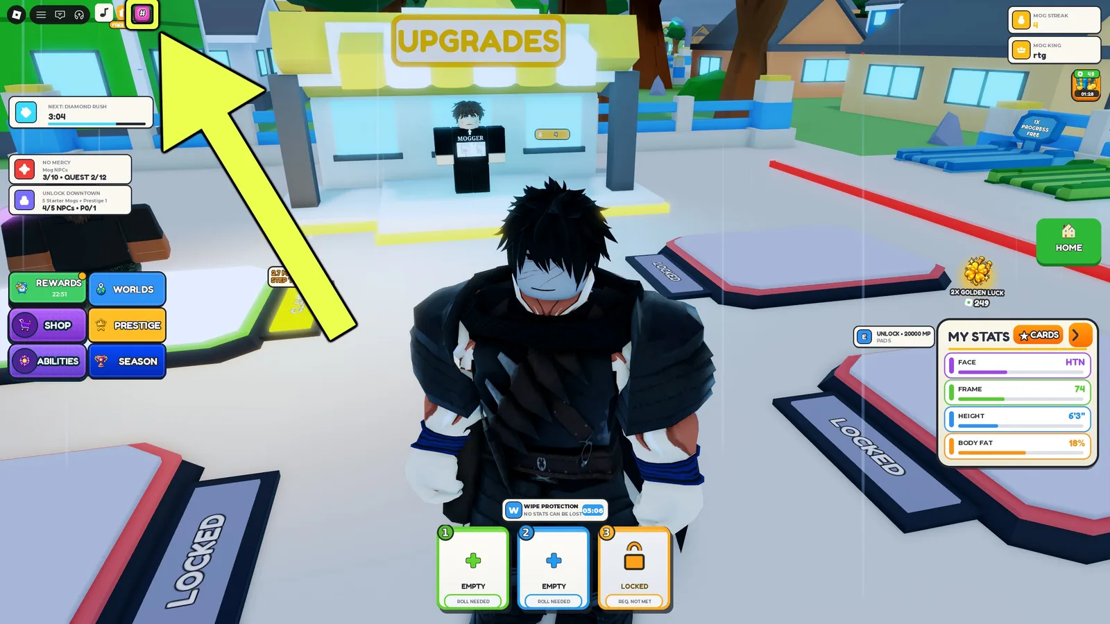 A screenshot from Mog Or Die, showing the location of the codes button.