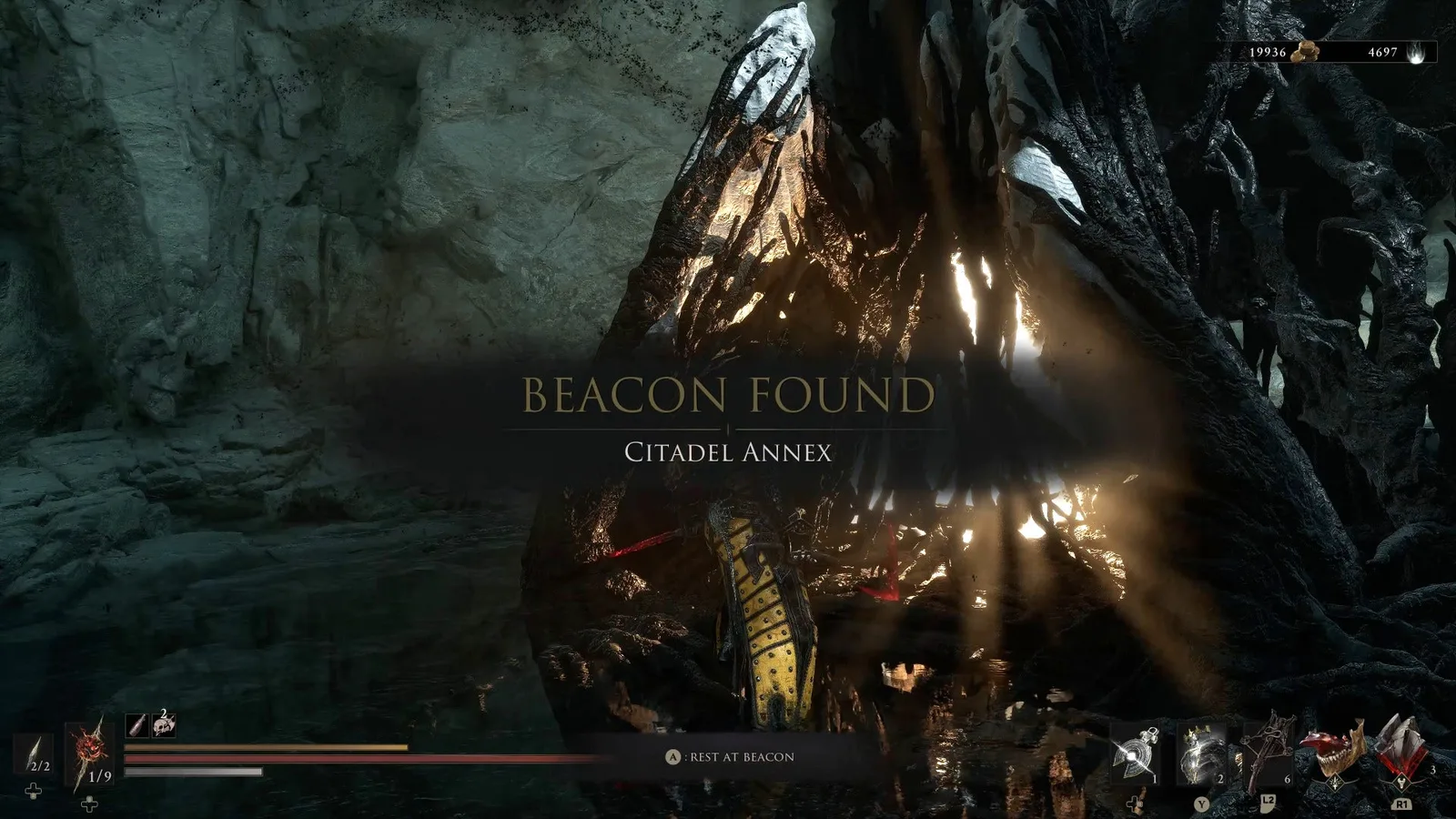 A Mortal Shell 2 screenshot showing the perfect path the player should take through The Faded Citadel according to Rock Paper Shotgun's full walkthrough of the game.