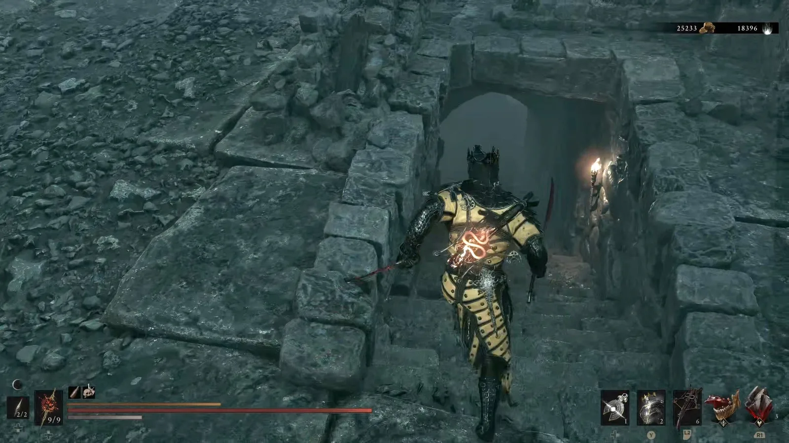 A Mortal Shell 2 screenshot showing the perfect path the player should take through The Forgotten Tower according to Rock Paper Shotgun's full walkthrough of the game.