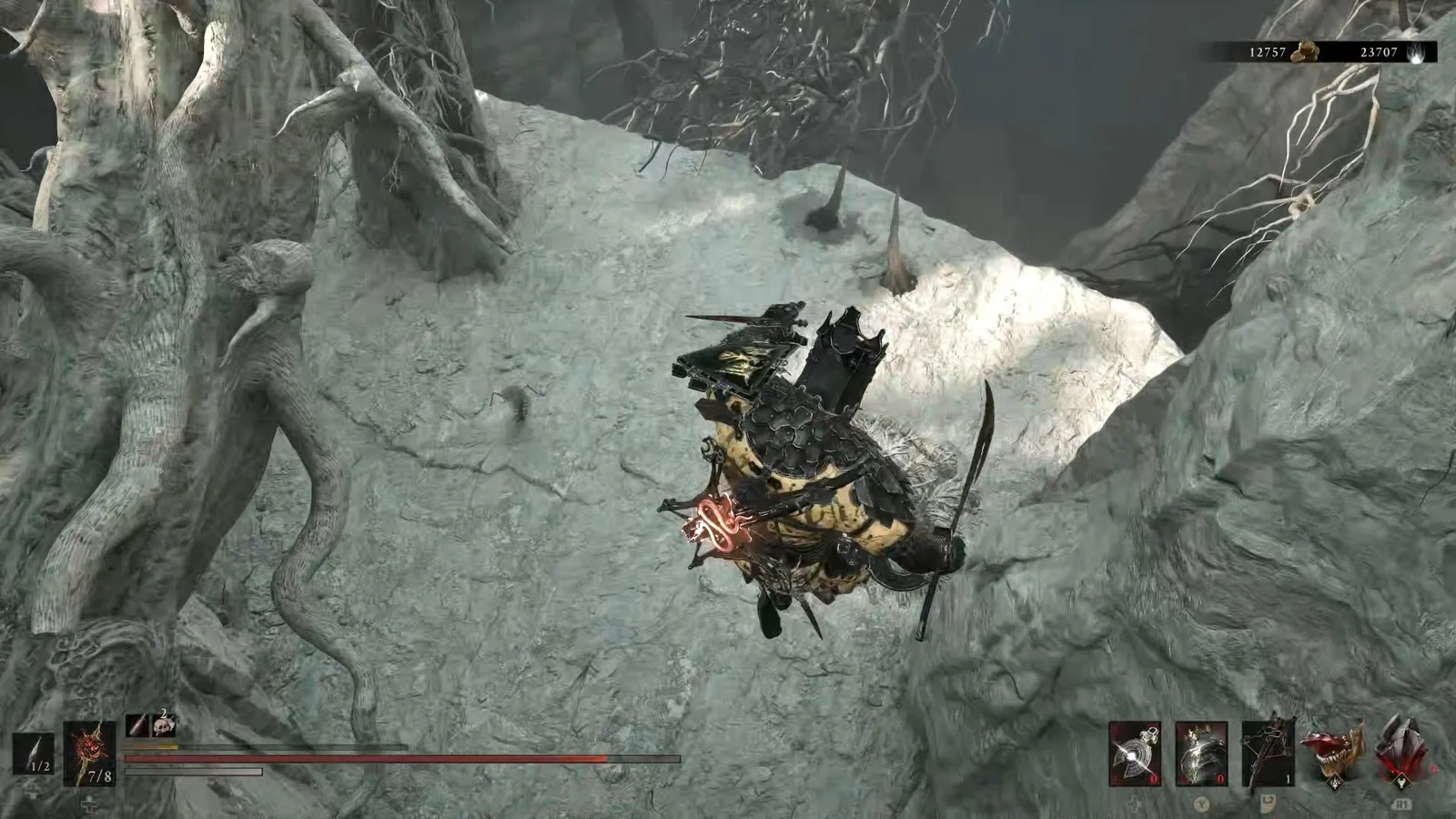 A Mortal Shell 2 screenshot showing the perfect path the player should take through The Silent Steps according to Rock Paper Shotgun's full walkthrough of the game.