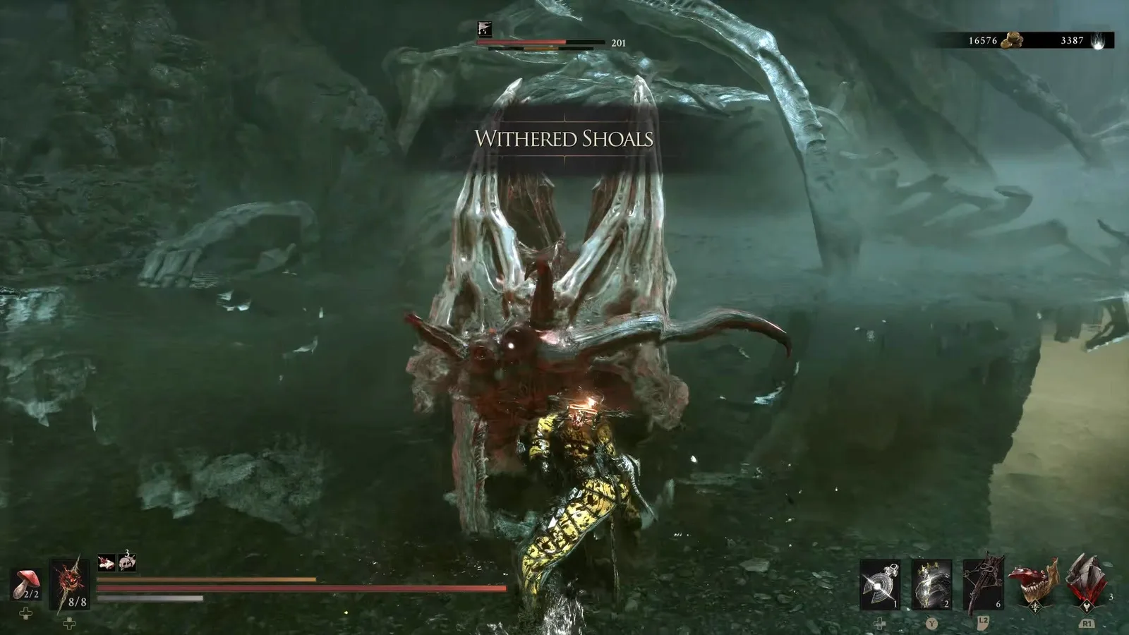 A Mortal Shell 2 screenshot showing the perfect path the player should take through the Withered Shoals according to Rock Paper Shotgun's full walkthrough of the game.