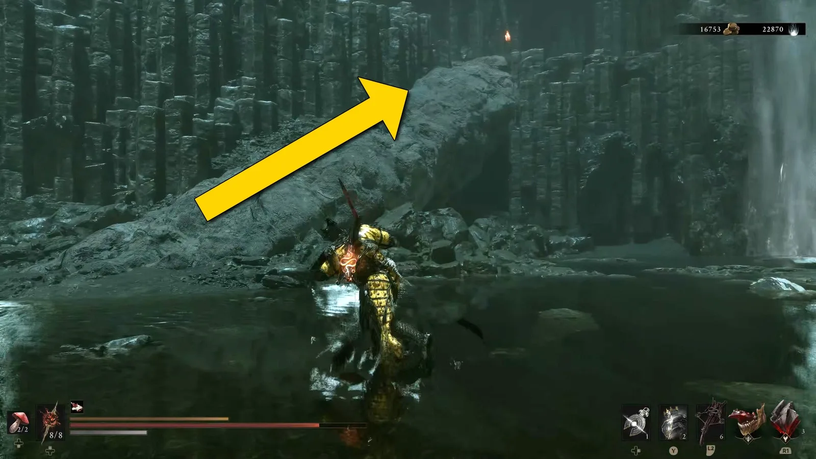 A Mortal Shell 2 screenshot showing the perfect path the player should take through the Withered Shoals according to Rock Paper Shotgun's full walkthrough of the game.