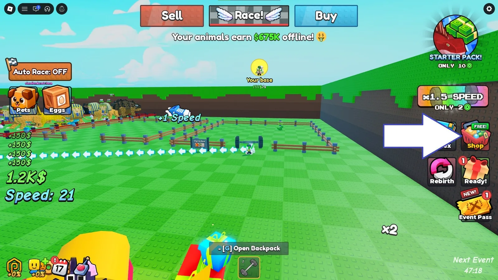 A screenshot of Race for Eggs in Roblox showing the game's shop button.