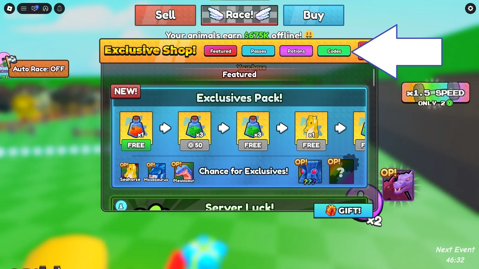 A screenshot of Race for Eggs in Roblox showing the game's codes button.