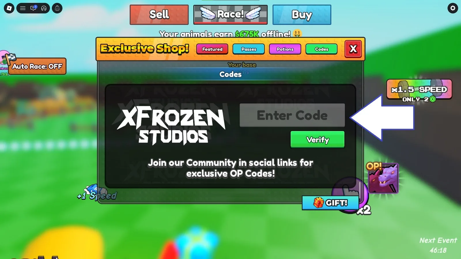 A screenshot of Race for Eggs in Roblox showing the game's codes field.