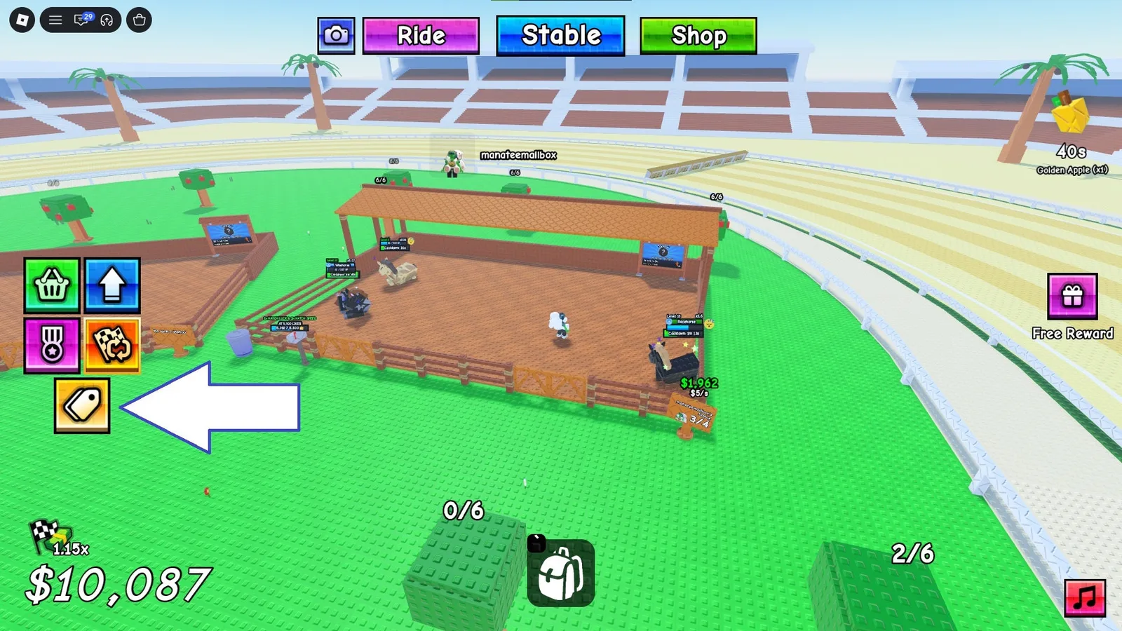A screenshot of Race Horses in Roblox showing the game's codes button.
