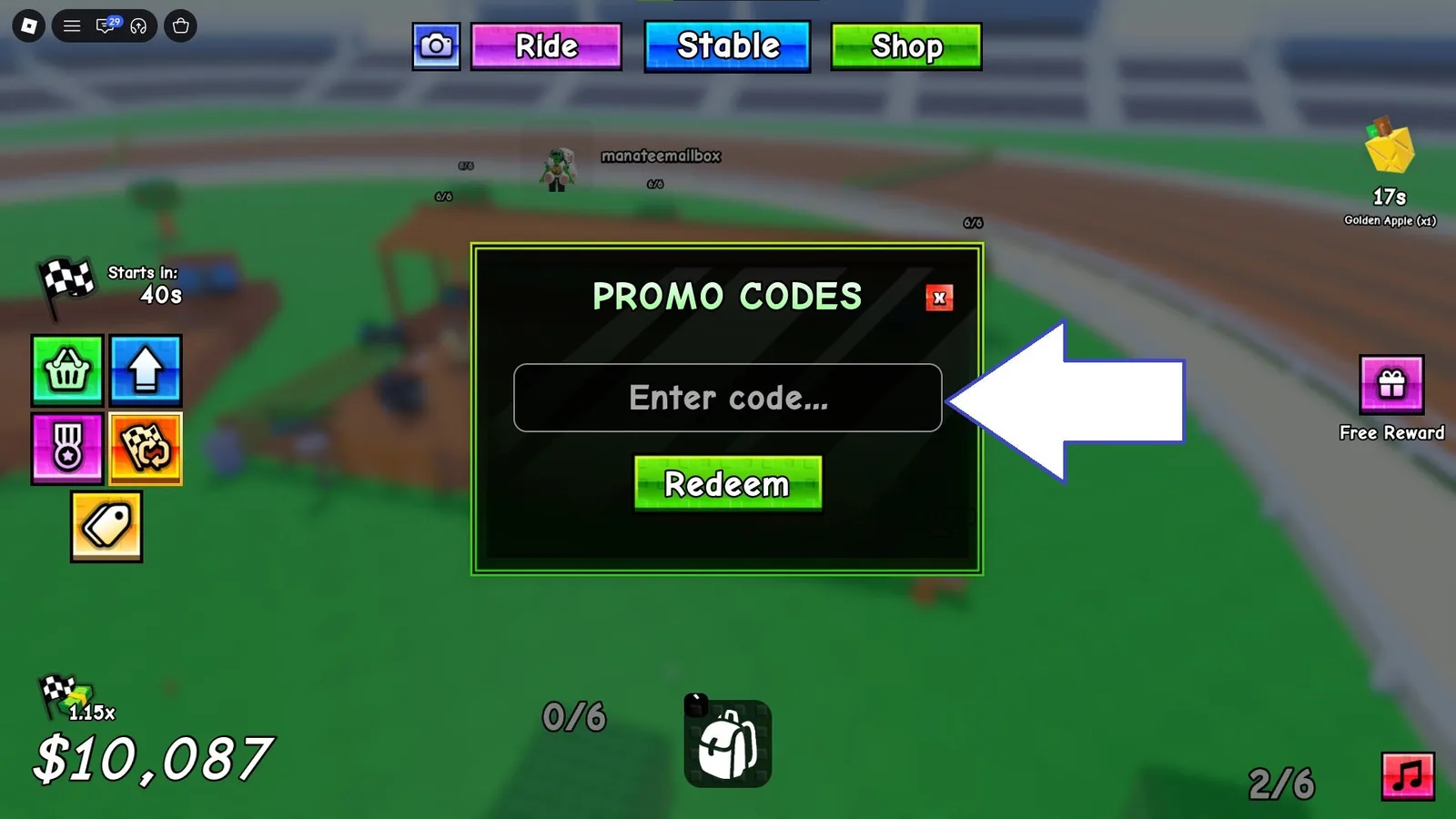 A screenshot of Race Horses in Roblox showing the game's codes field.