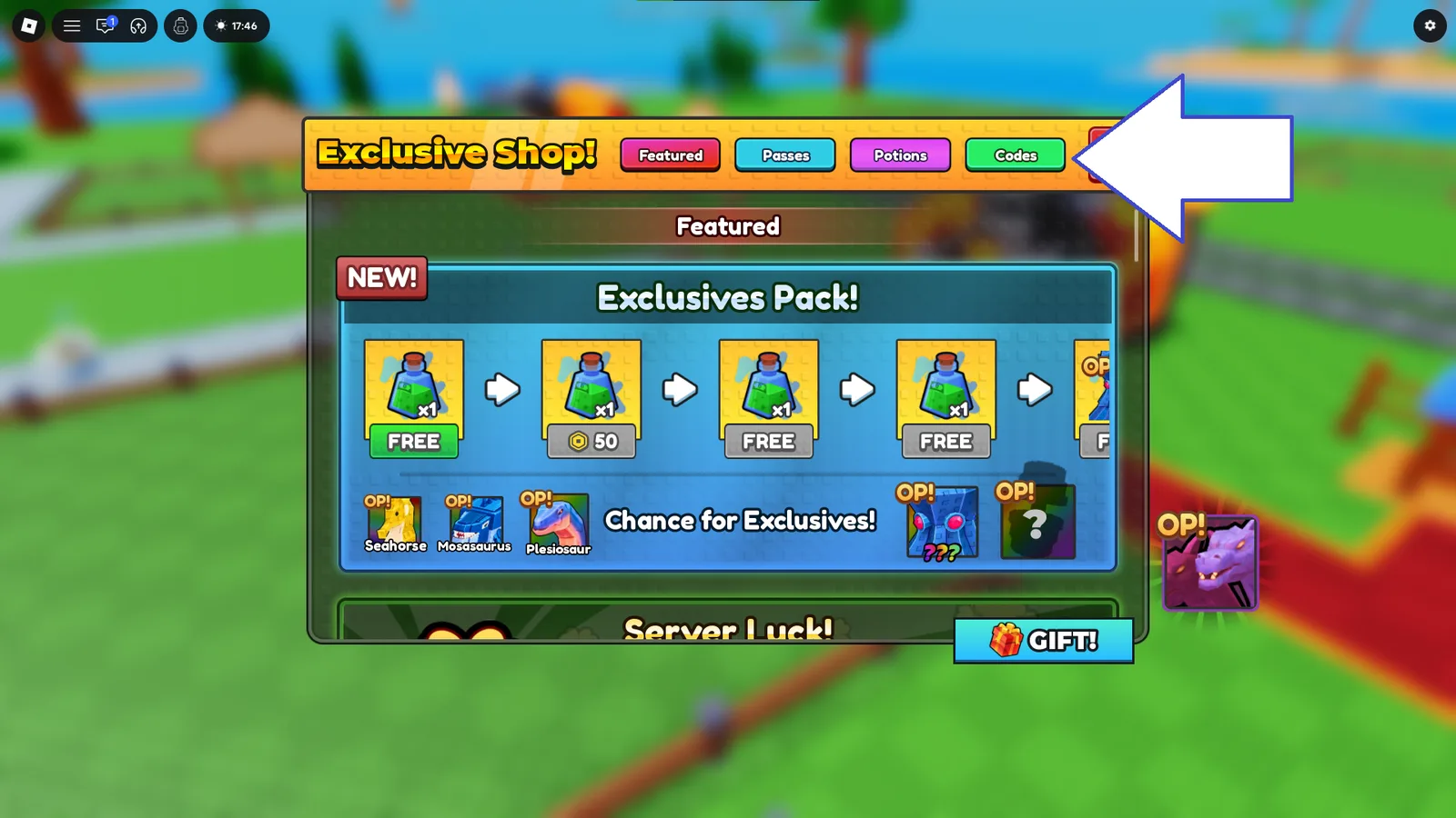 A screenshot of Shuffle an Egg in Roblox showing the game's codes button.