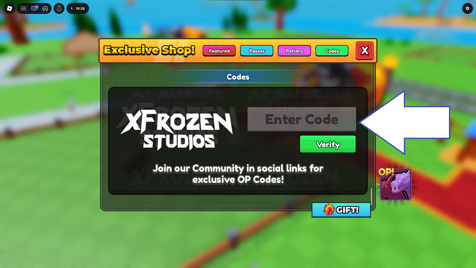A screenshot of Shuffle an Egg in Roblox showing the game's codes field.