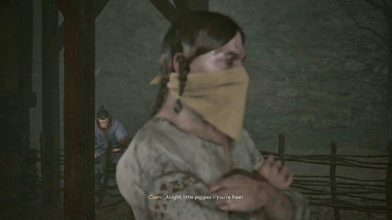 Coen frees some pigs who are guarded by a thug in The Blood of Dawnwalker.