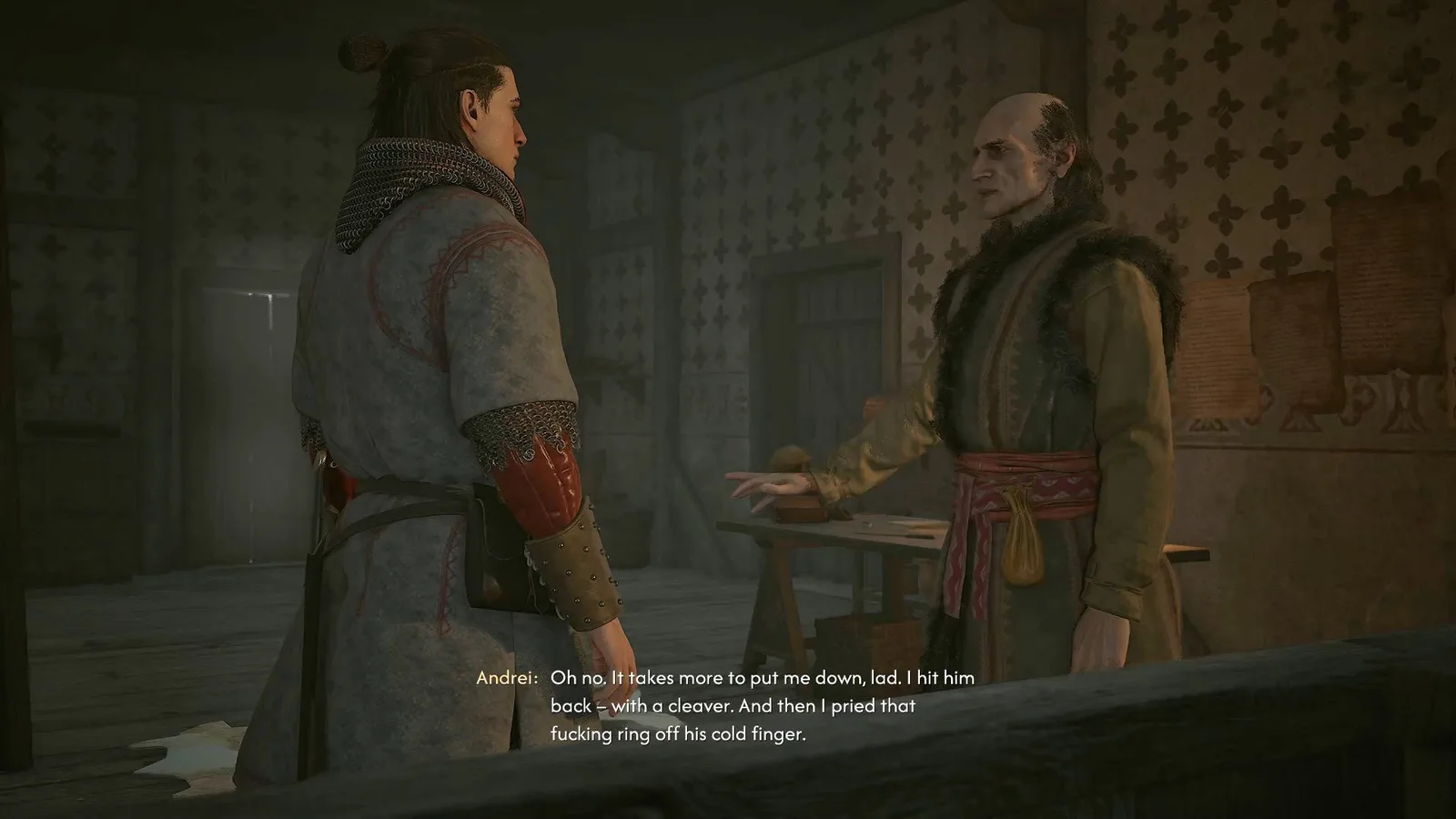 Andrei tells Coen about how his father used to beat him in The Blood of Dawnwalker.