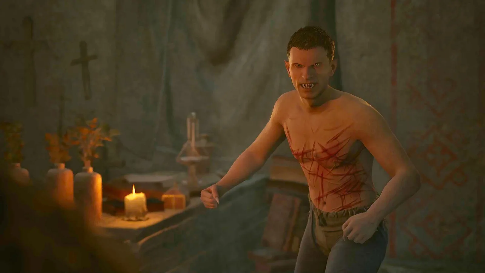 A shirtless Vicho in The Blood of Dawnwalker. He has several bloody scars on his body from self-flagellation.