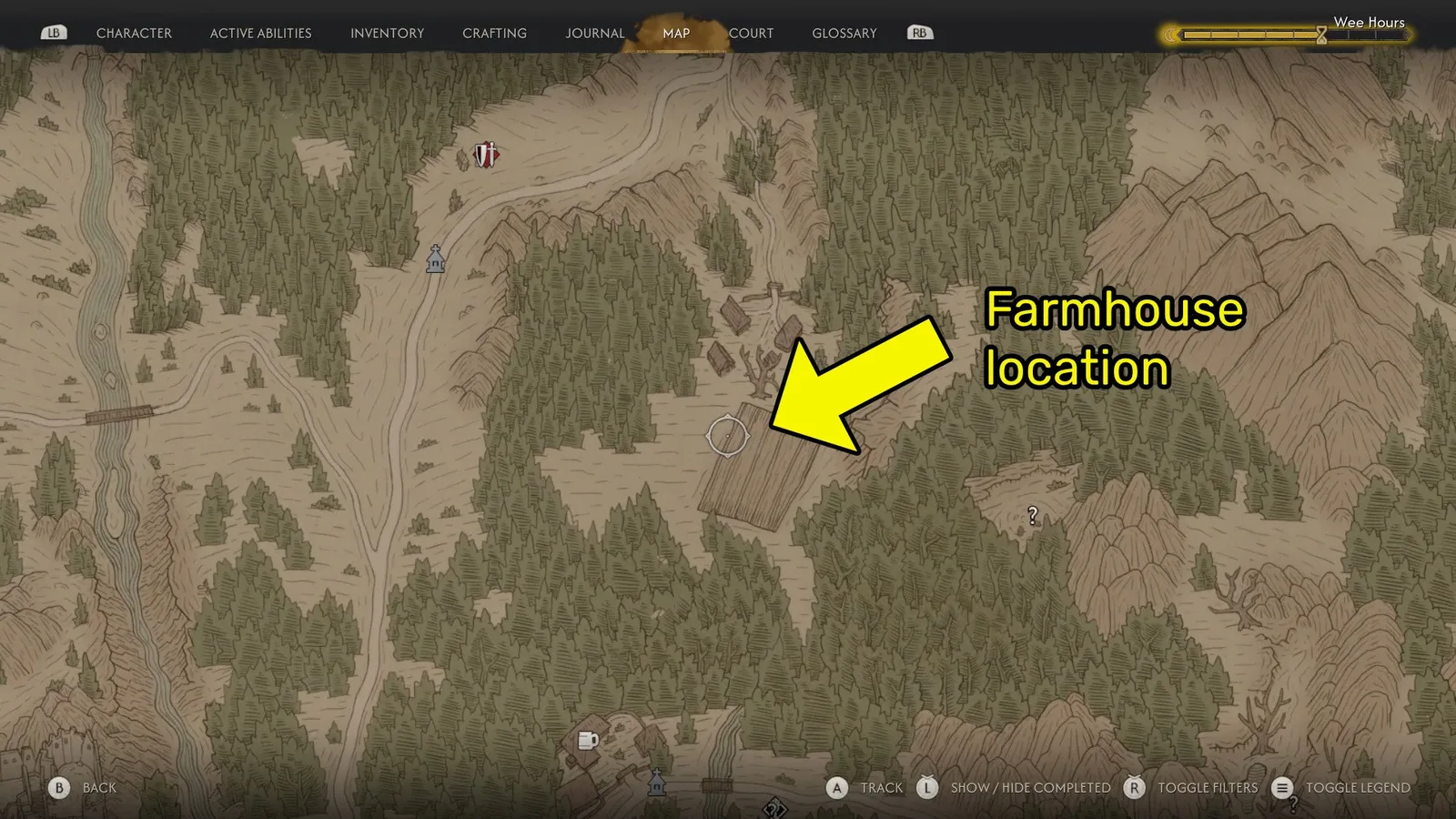 A yellow arrow points to the location of the farmhouse in The Good Samaritan quest of The Blood of Dawnwalker.
