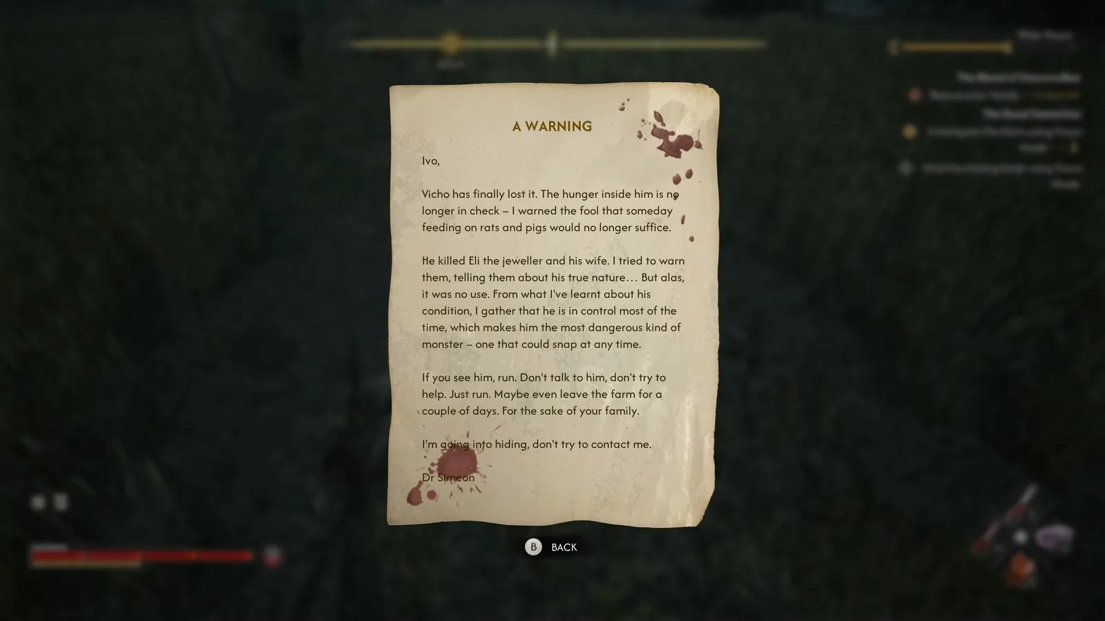 A warning letter in The Blood of Dawnwalker stating that Vicho has become consumed by bloodlust and killed his friends.