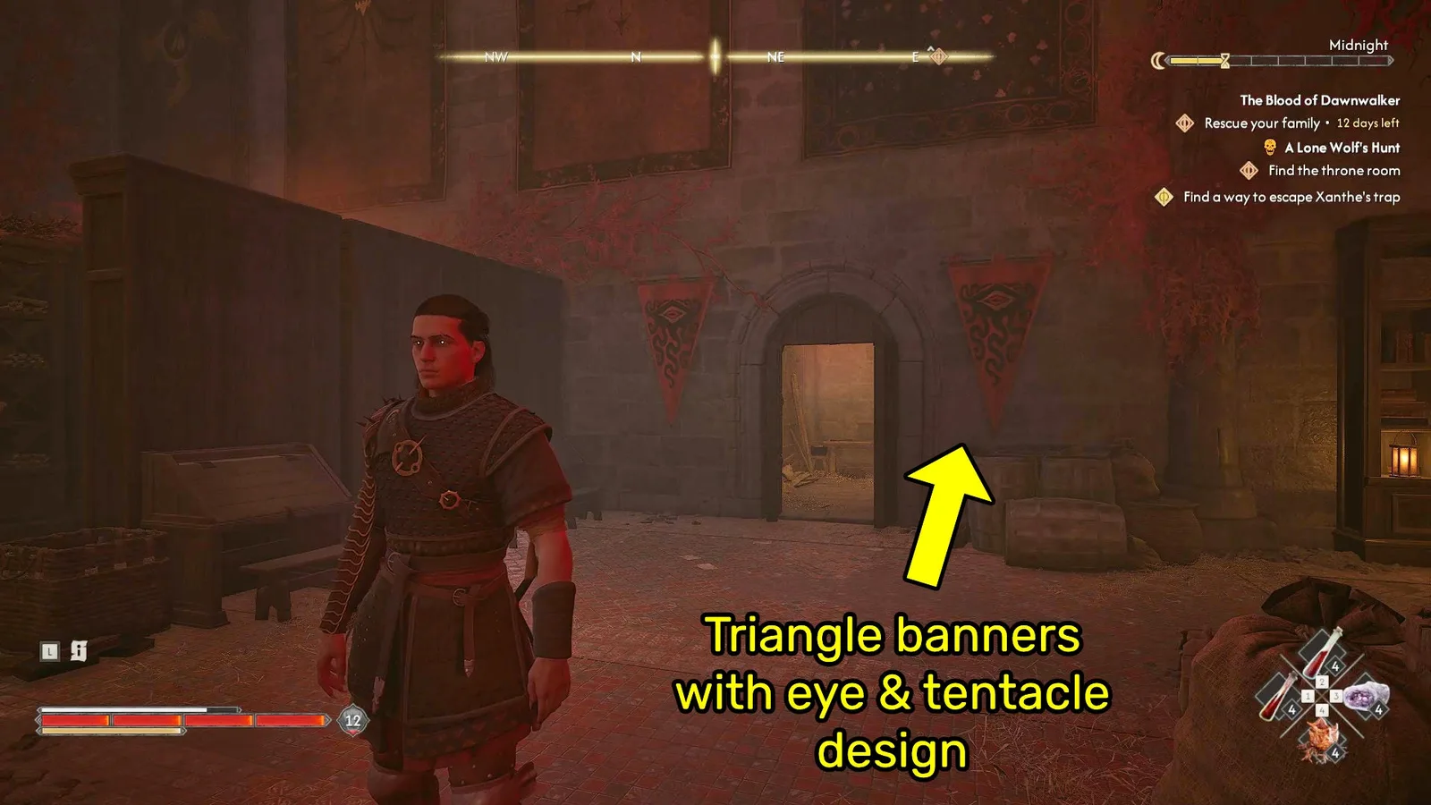A yellow arrow points to the correct banners (triangular, with an eye & tentacle design) to watch out for in The Blood of Dawnwalker.