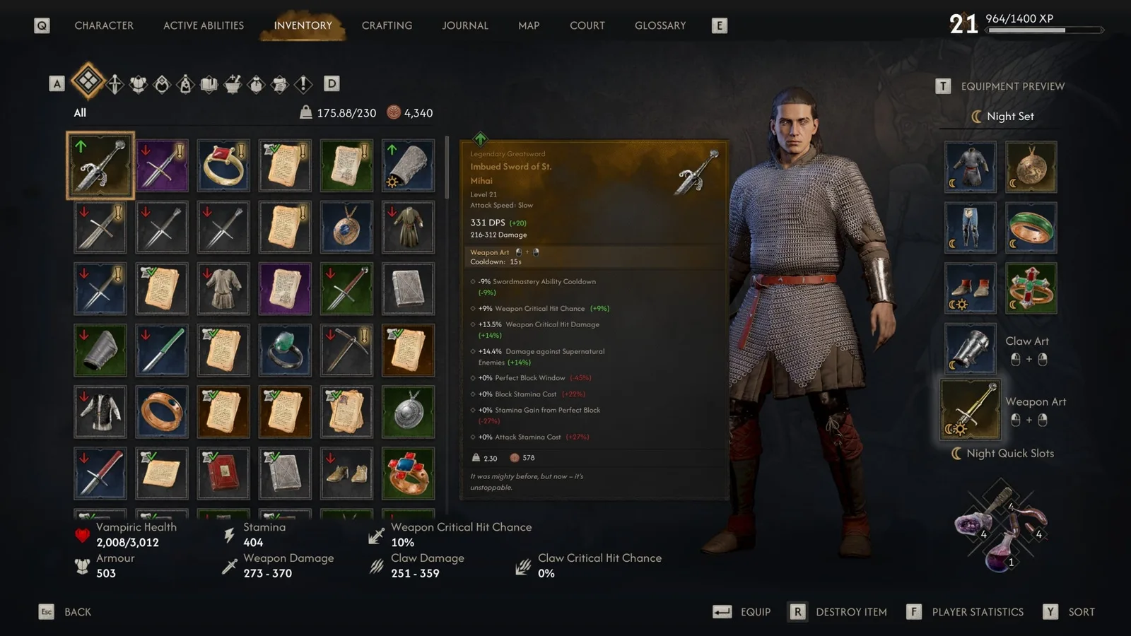 The menu shows the stats of St. Mihai's Embued Sword in The Blood of Dawnwalker