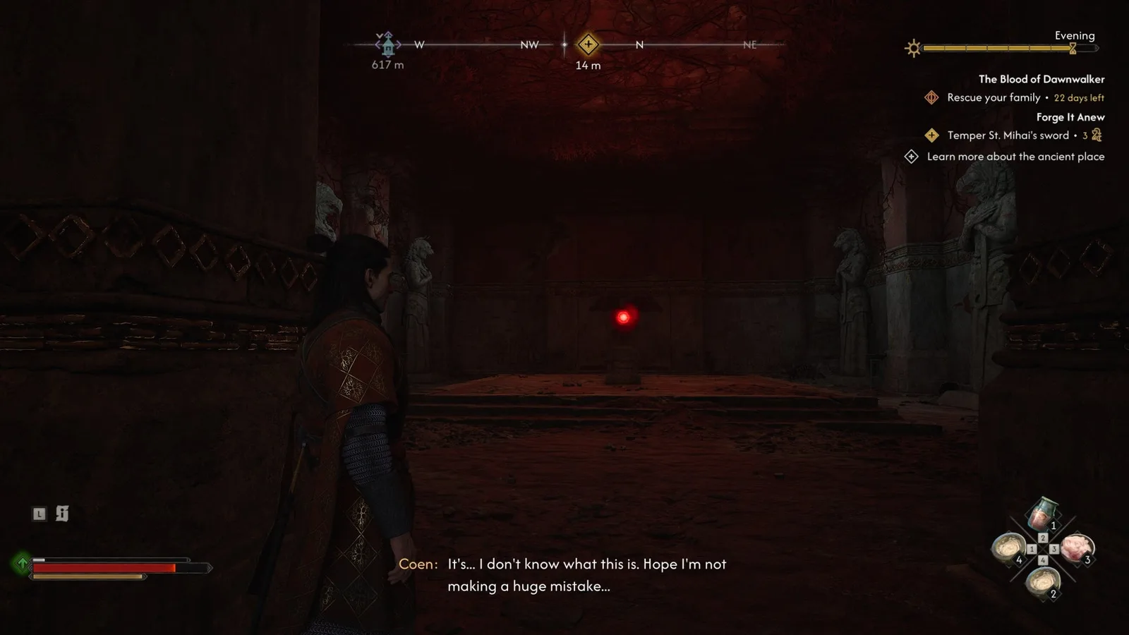 Coen arrives at a large room with a flowing red orb inside in The Blood of Dawnwalker