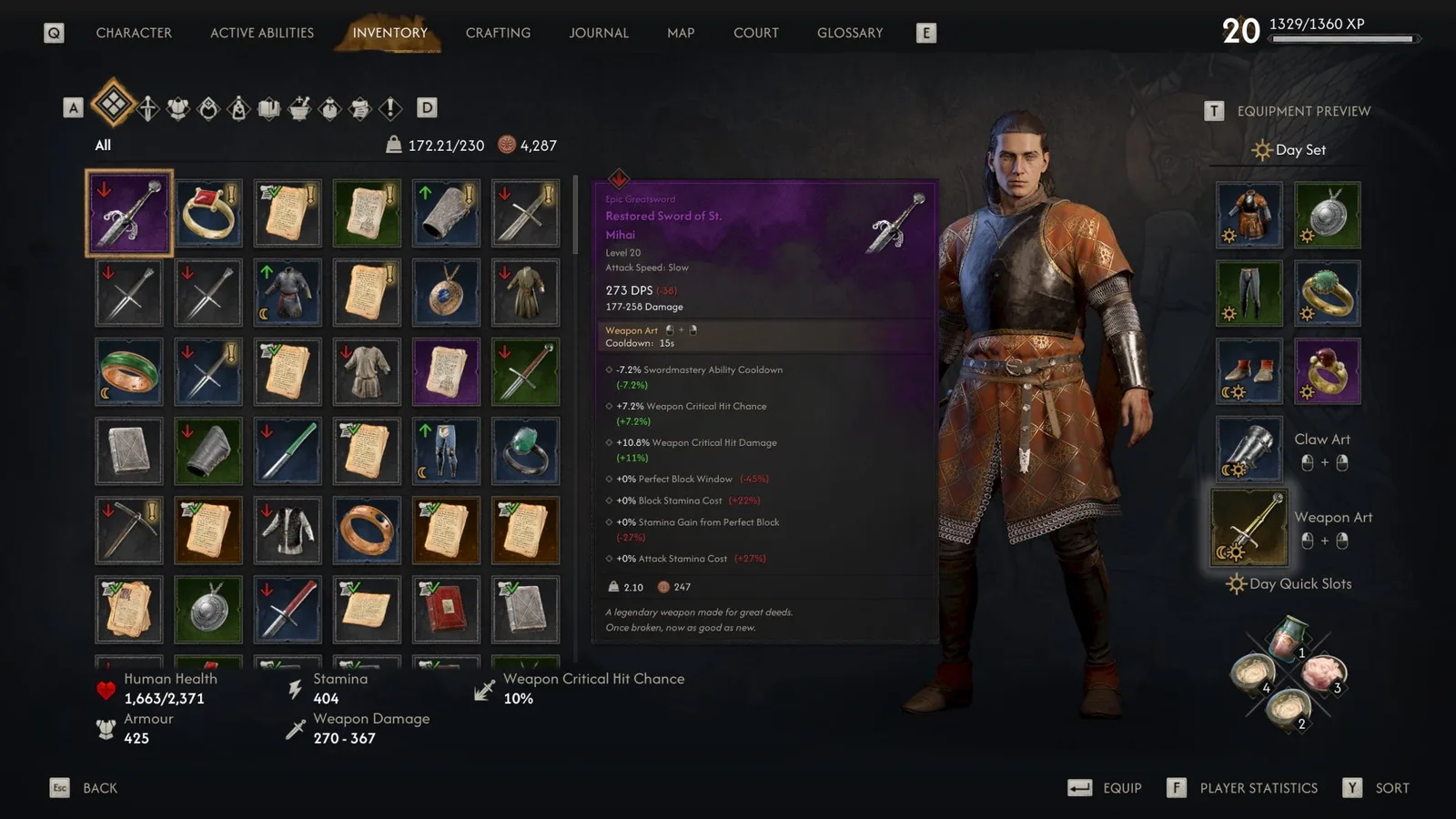 The stats for the Restored Sword of Saint Mihai in The Blood of Dawnwalker