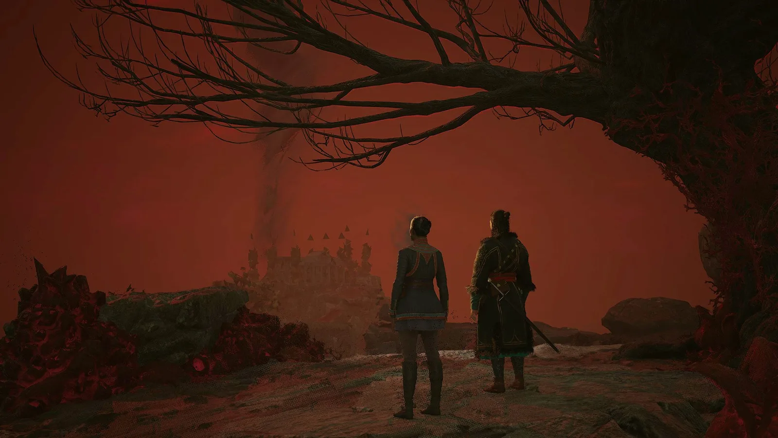 Coen and Lacra stand in a cliff overlooking the red abyss of Anachora in The Blood of Dawnwalker.