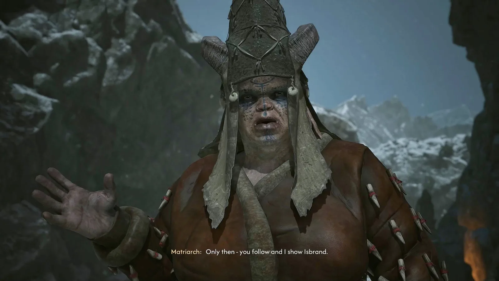The Uriashi Matriarch in The Blood of Dawnwalker, a large and imposing giant woman with horns on her head.