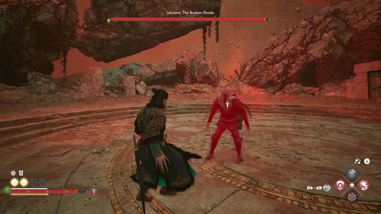 Coen battles a broken, shadowy version of Isbrand in The Blood of Dawnwalker.