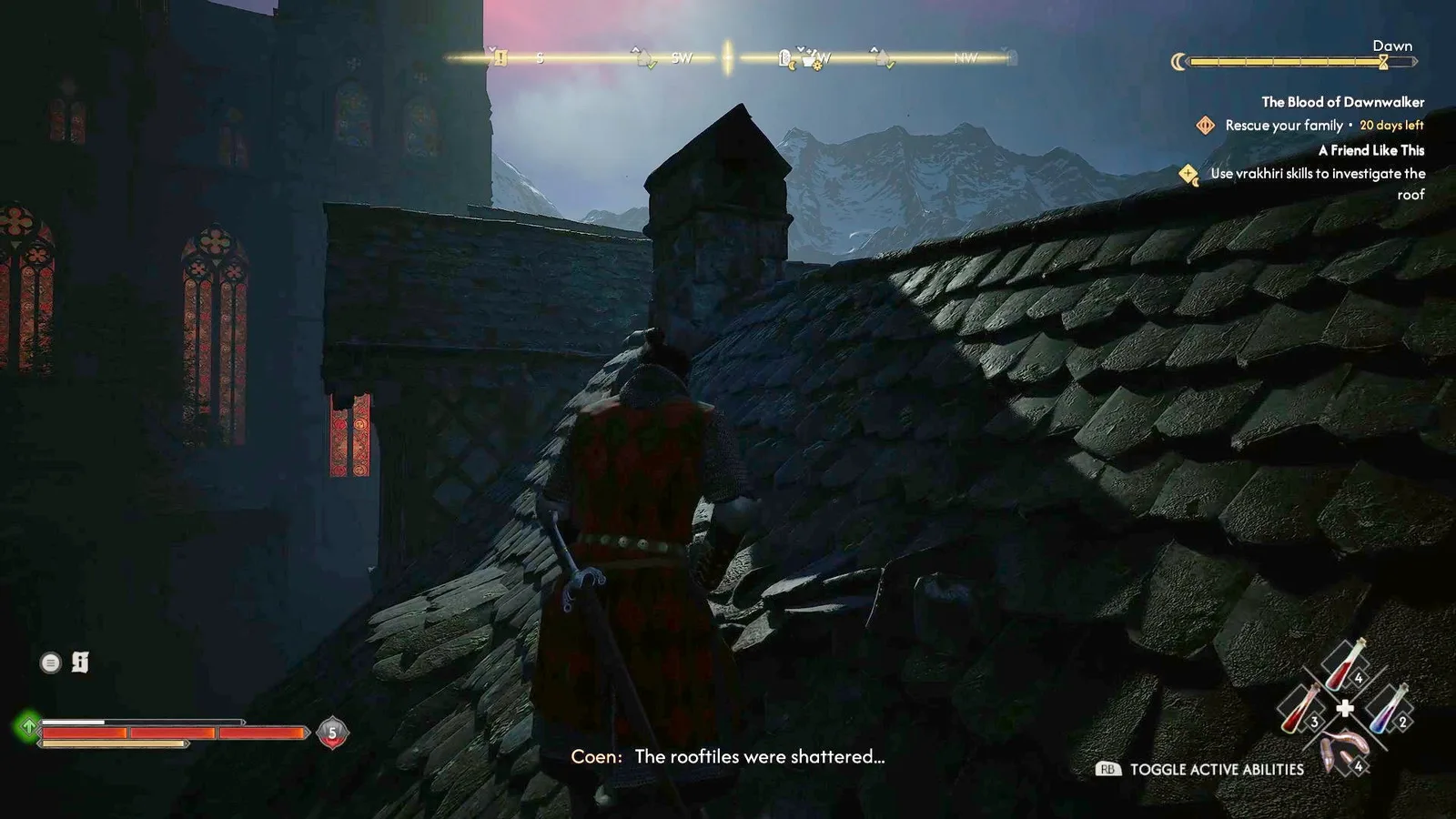 Coen investigates broken tiles on a rooftop in The Blood of Dawnwalker.