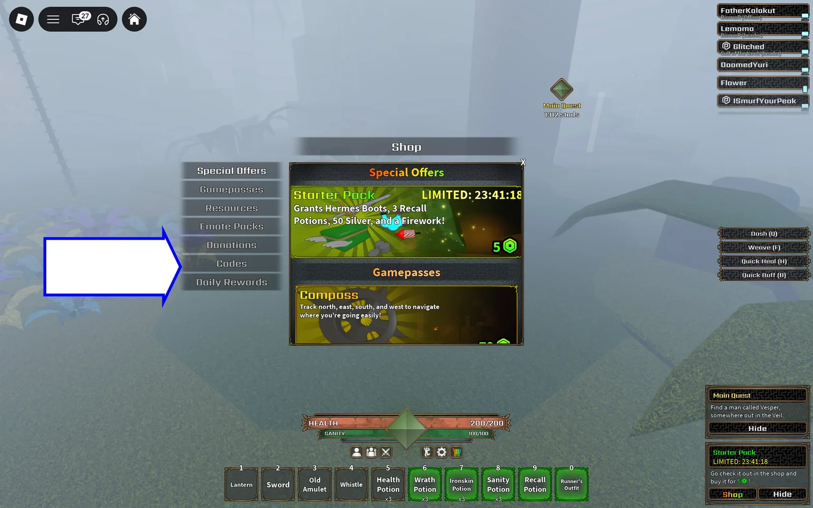 A screenshot of The Veil in Roblox showing the game's codes button.