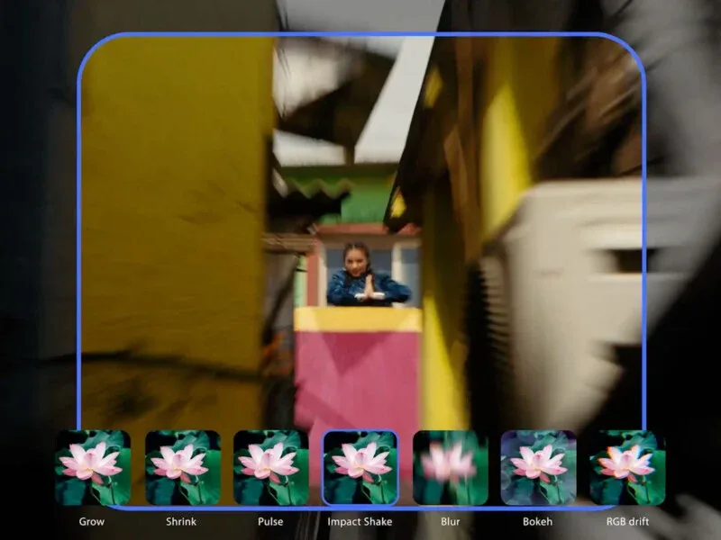 A video editing interface displays a central preview of a person in a narrow alleyway with a motion blur effect, surrounded by a row of seven effect icons labeled Grow, Shrink, Pulse, Impact Shake, Blur, Bokeh, and RGB drift.