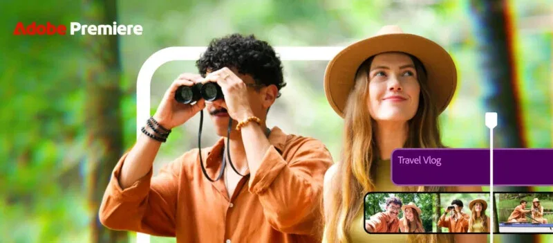 A man looking through binoculars stands next to a woman wearing a hat, with a "Travel Vlog" graphic and a filmstrip showing scenes of the pair below.