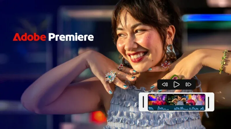 A smiling woman with jewelry poses in front of an Adobe Premiere logo and a digital video editing interface overlay.